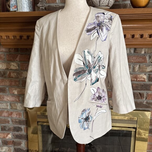 Coldwater Creek Tan Linen Blend Blazer Floral Size 12 - Picture 2 of 8